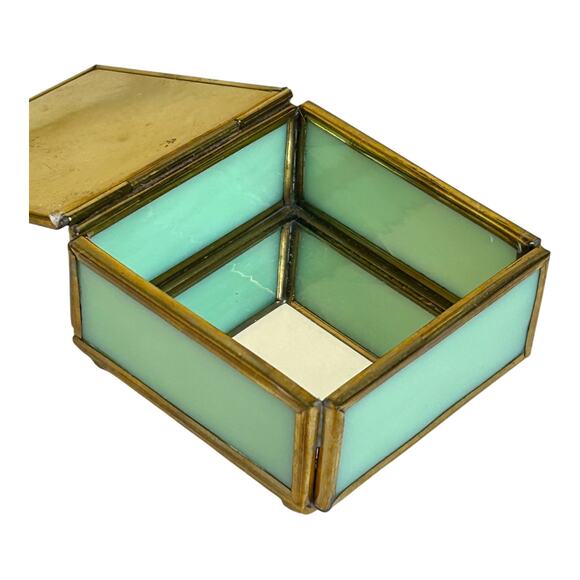 Vintage Via Vermont Sunbeam Print Light Blue Opalescent Glass Small Brass Box - Picture 9 of 11